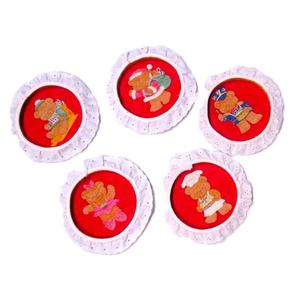 Artist Made Ornaments Christmas Bears Round 5 Inches Fabric Lace Braid Set of 5 - Picture 7 of 7